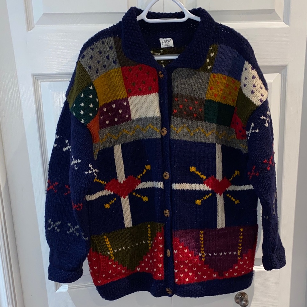 Vintage Las Americas Wool Patchwork Chunky Knit Oversize Cardigan Size L-XL